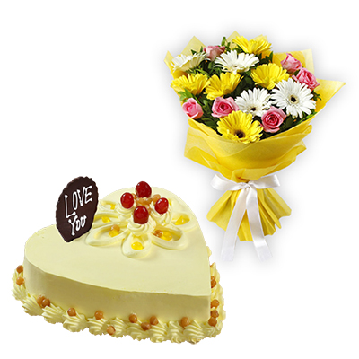 "Milk Almond Cake - 1kg , 12 Mixed Roses Flower Bunch - Click here to View more details about this Product